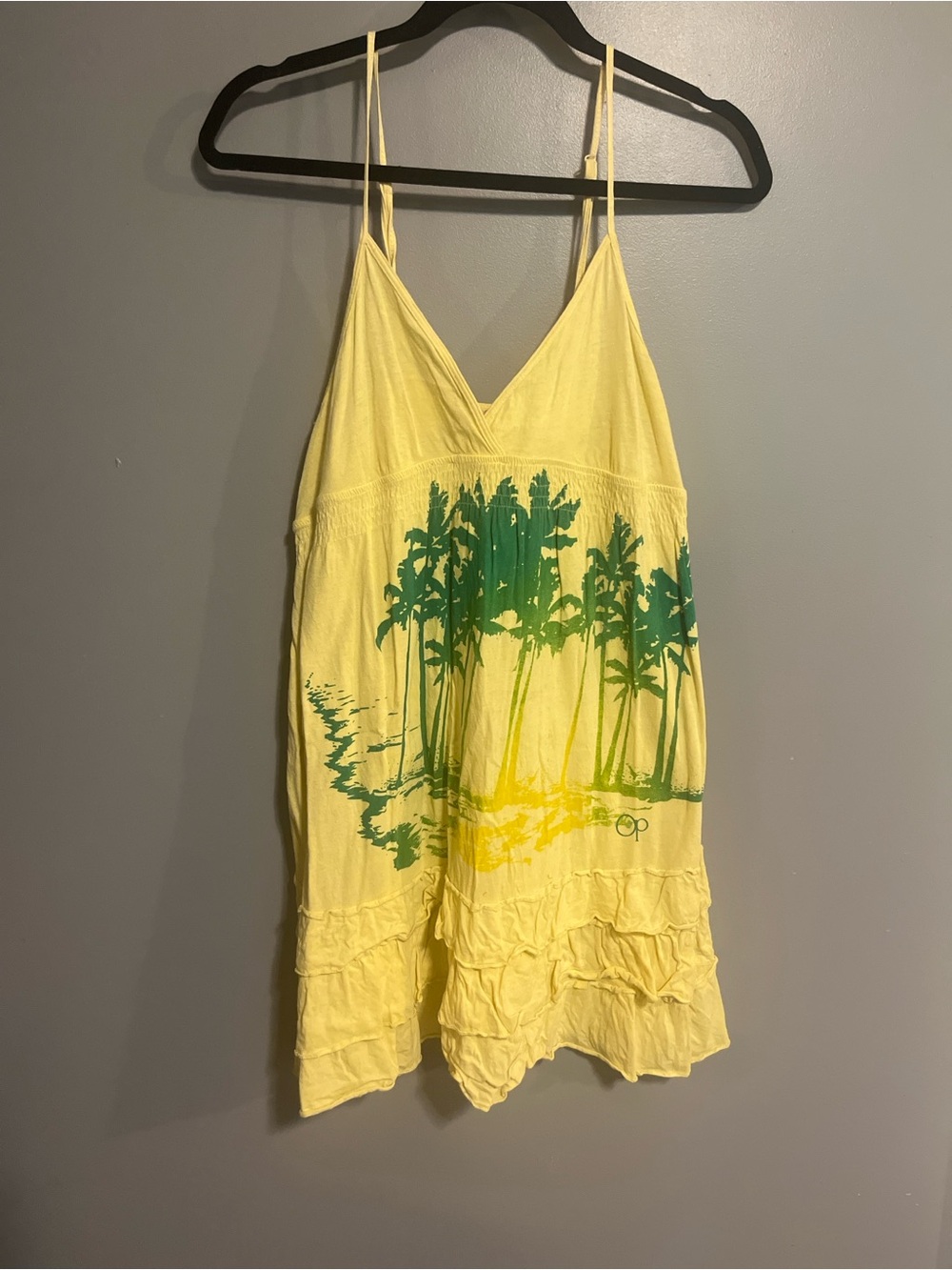 OP Yellow Mini Dress with Green Palm Tree Print
